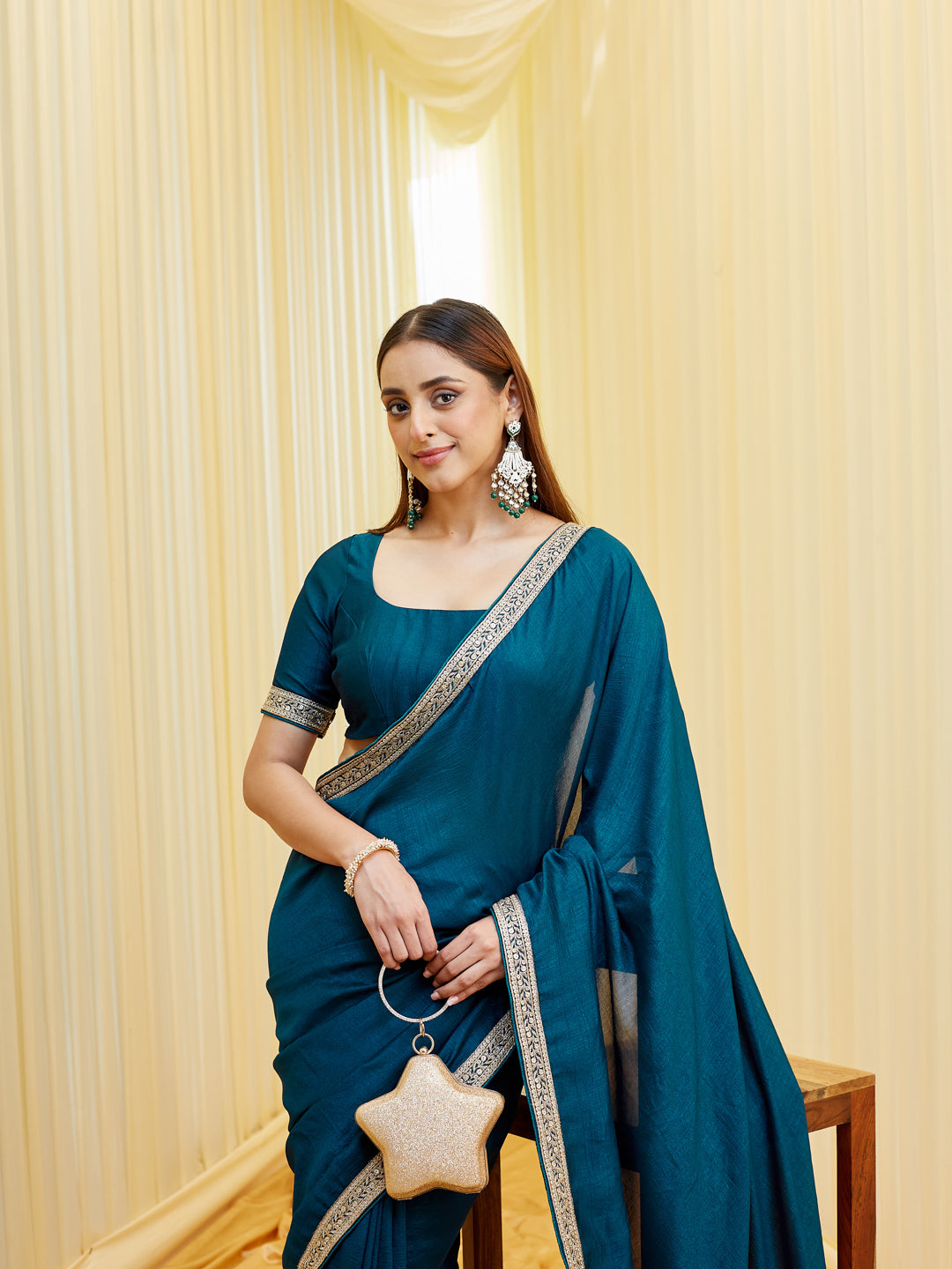 KASEE Women Teal Saree in Silk Cotton with Zari Embroidered Border