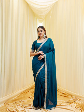 KASEE Women Teal Saree in Silk Cotton with Zari Embroidered Border
