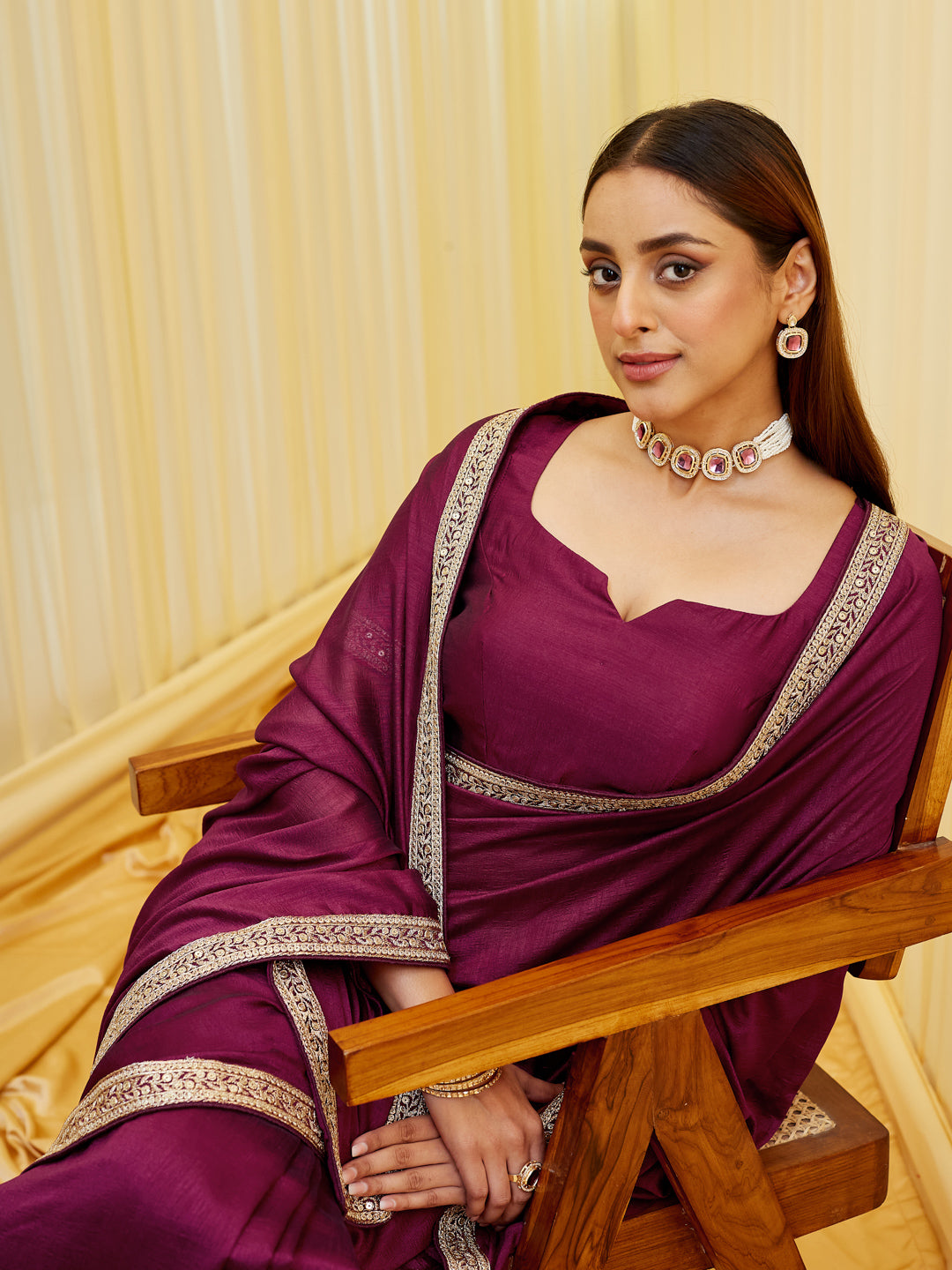 KASEE Women Wine Saree in Silk Cotton with Zari Embroidered Border