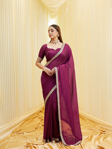 KASEE Women Wine Saree in Silk Cotton with Zari Embroidered Border