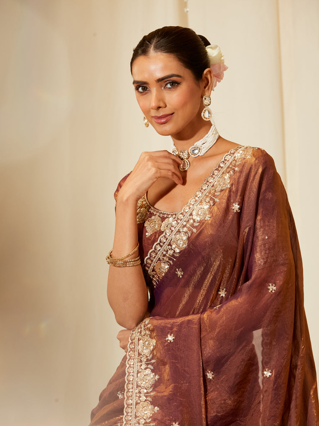 Kasee Women's Copper Brown Silk Blend Saree with Golden Embroidered Border