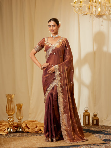 Kasee Women's Copper Brown Silk Blend Saree with Golden Embroidered Border