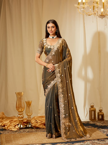 Kasee Women's Olive Gold Silk Blend Saree with Embroidered Border