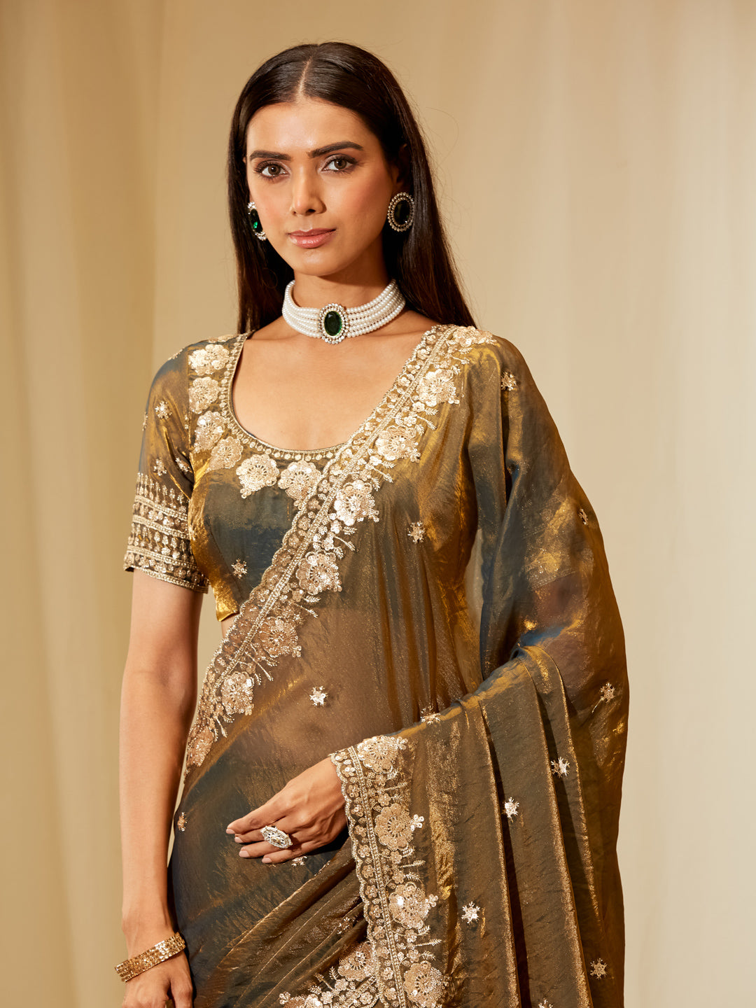 Kasee Women's Olive Gold Silk Blend Saree with Embroidered Border