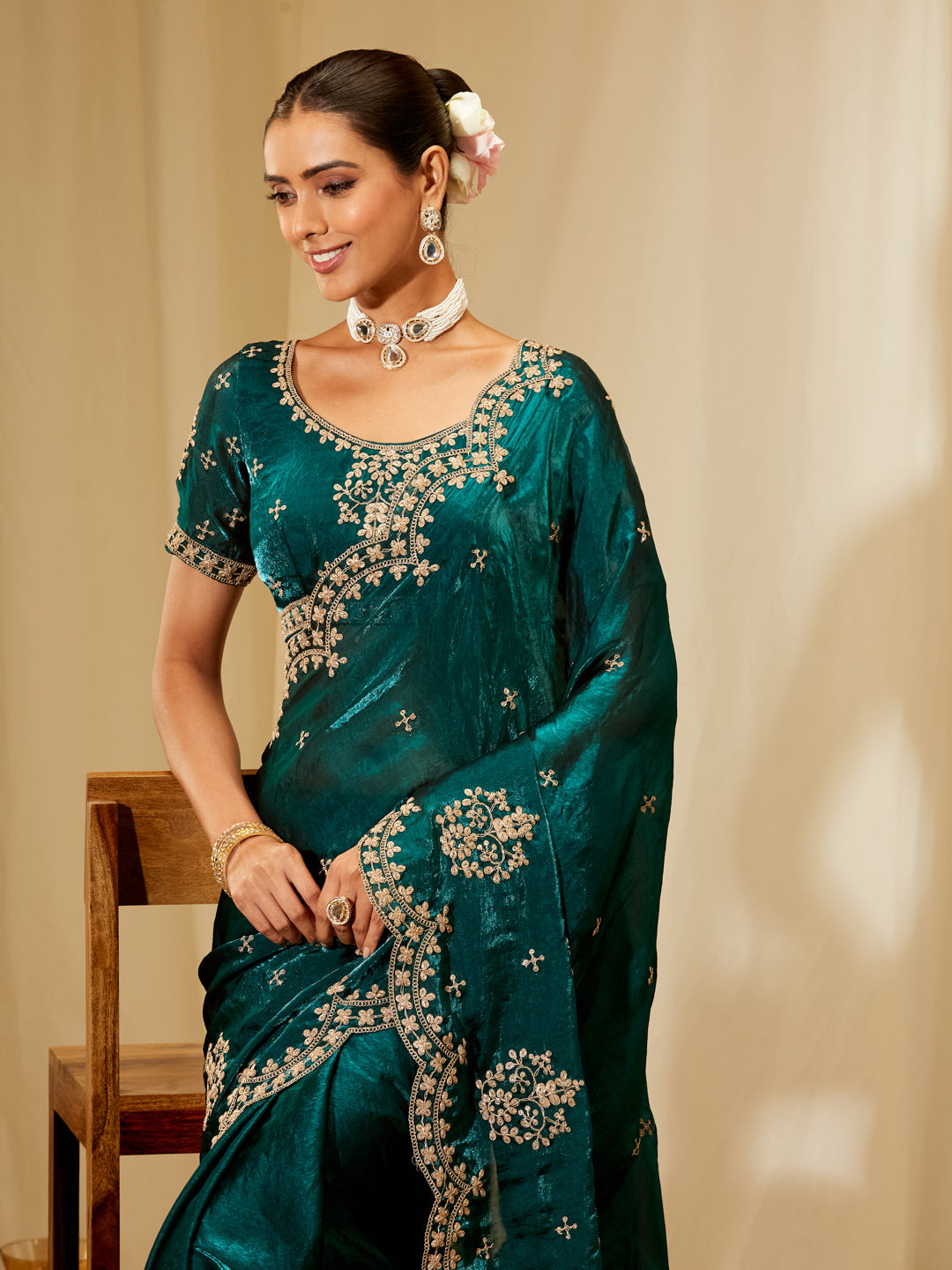 Kasee Women's Green Silk Blend Saree with Heavy Golden Embroidery