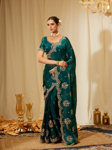 Kasee Women's Green Silk Blend Saree with Heavy Golden Embroidery