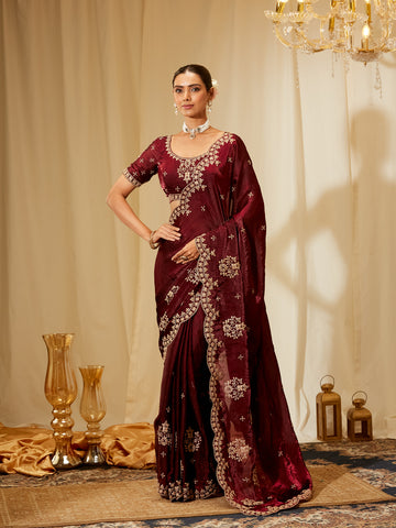 Kasee Women's Maroon Silk Blend Saree with Heavy Golden Embroidery