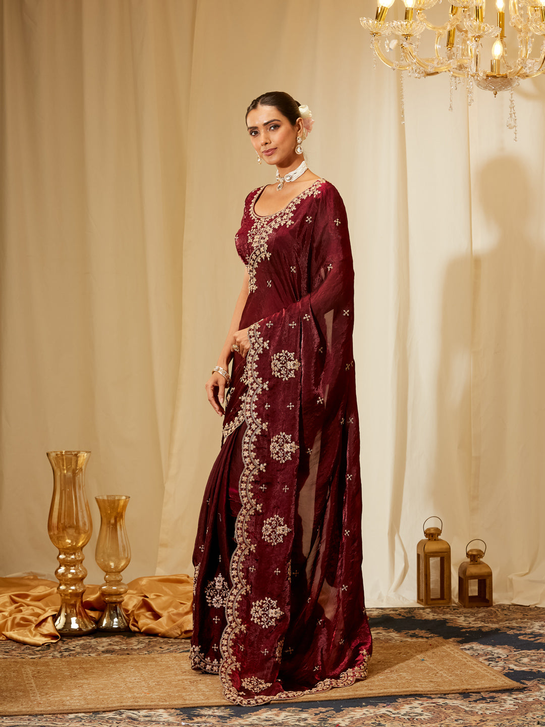 Kasee Women's Maroon Silk Blend Saree with Heavy Golden Embroidery
