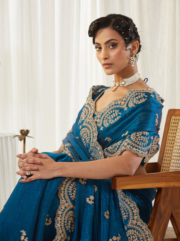 KASEE Women's Turquoise Blue Embroidered Silk Blend Saree with Heavy Golden Border