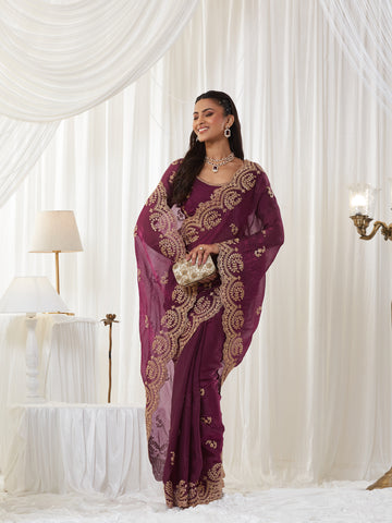 KASEE Women's Wine Embroidered Silk Blend Saree with Heavy Golden Border