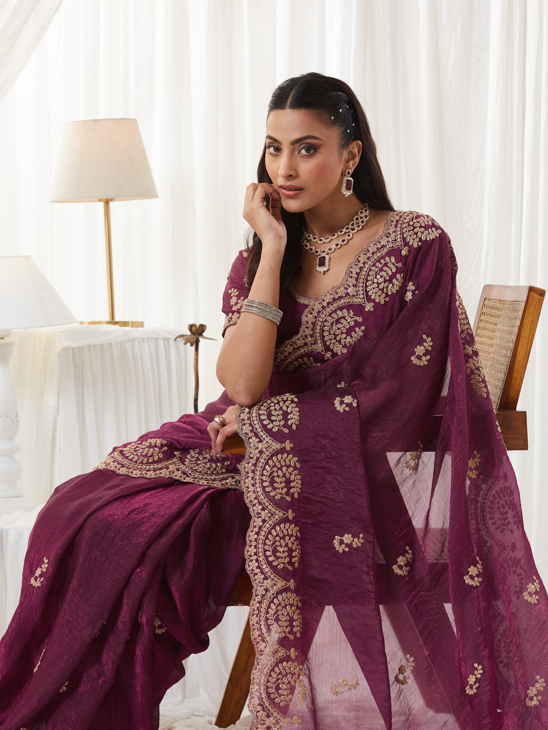 KASEE Women's Wine Embroidered Silk Blend Saree with Heavy Golden Border