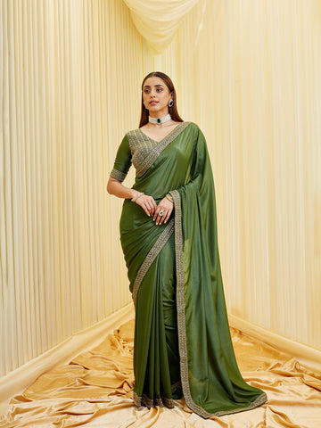 KASEE Women's Olive Green Silk Blend Embroidered Solid Saree