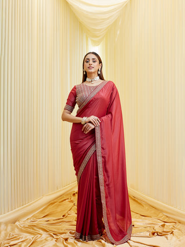KASEE Women's Olive Rust Silk Blend Embroidered Solid Saree