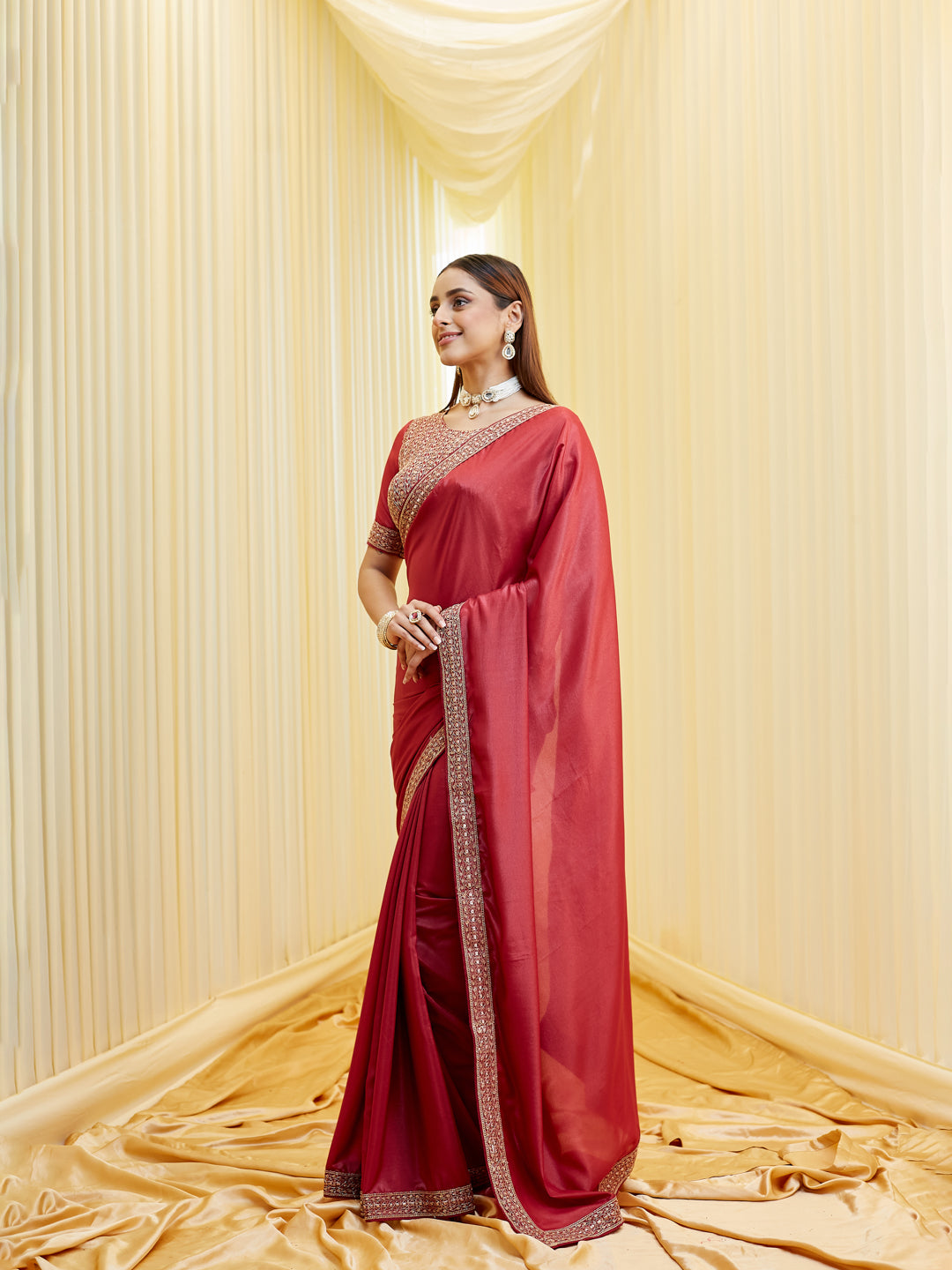 KASEE Women's Olive Rust Silk Blend Embroidered Solid Saree