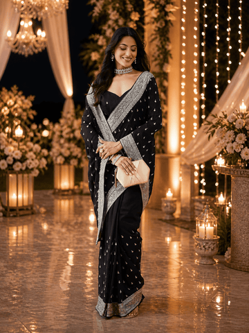KASEE Women's Black Cotton Blend Saree with Silver Zari Buti and Embroidered Border