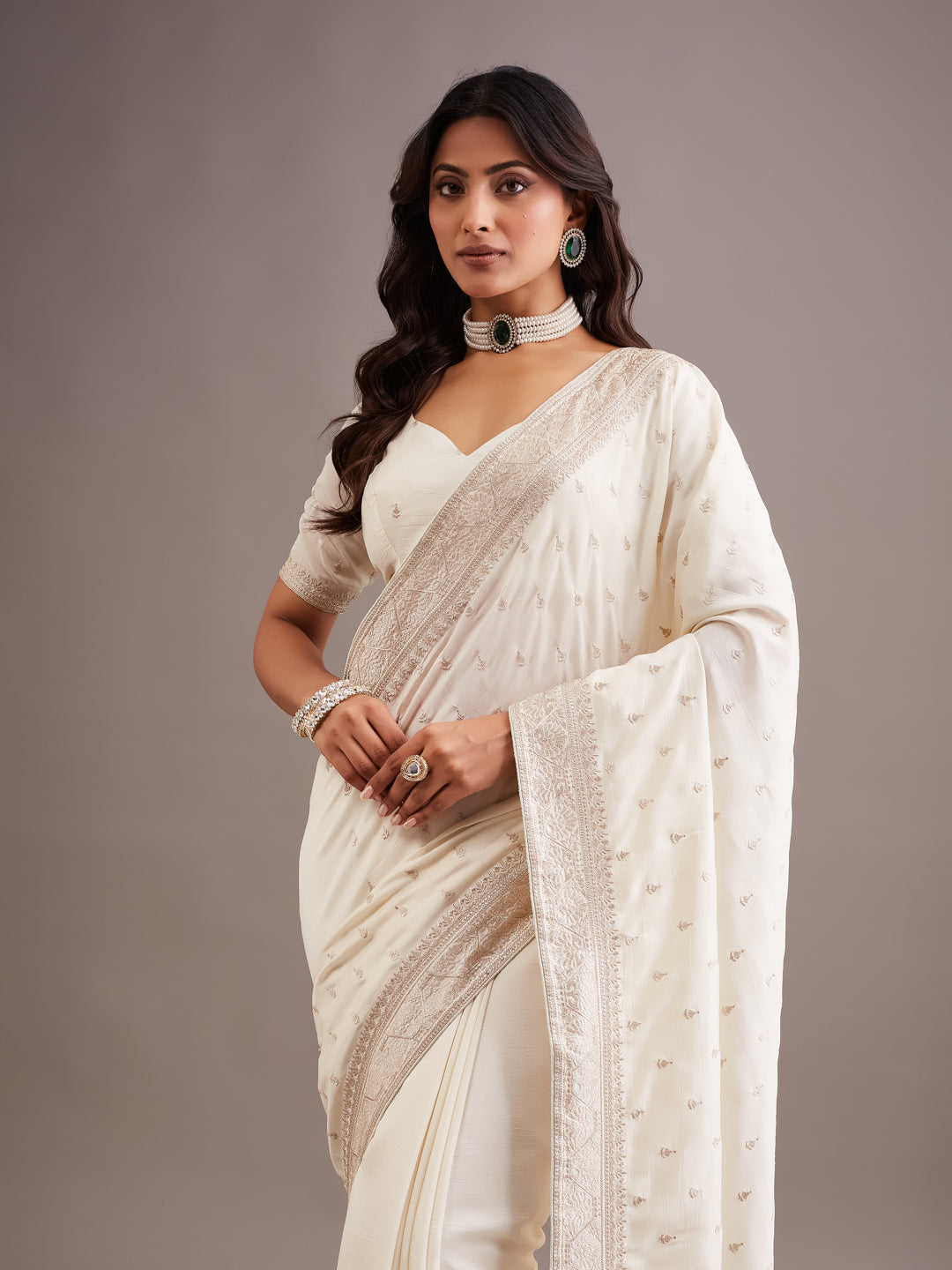KASEE Women's Emerald cream Cotton Blend Saree with Silver Zari Buti and Embroidered Border