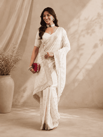 KASEE Women's Emerald cream Cotton Blend Saree with Silver Zari Buti and Embroidered Border