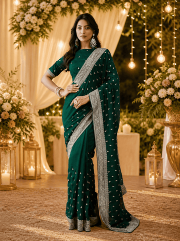 KASEE Women's Emerald Green Cotton Blend Saree with Silver Zari Buti and Embroidered Border