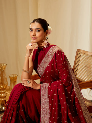 Kasee Women's Classic Maroon Silk Blend Saree with Golden Embroidery