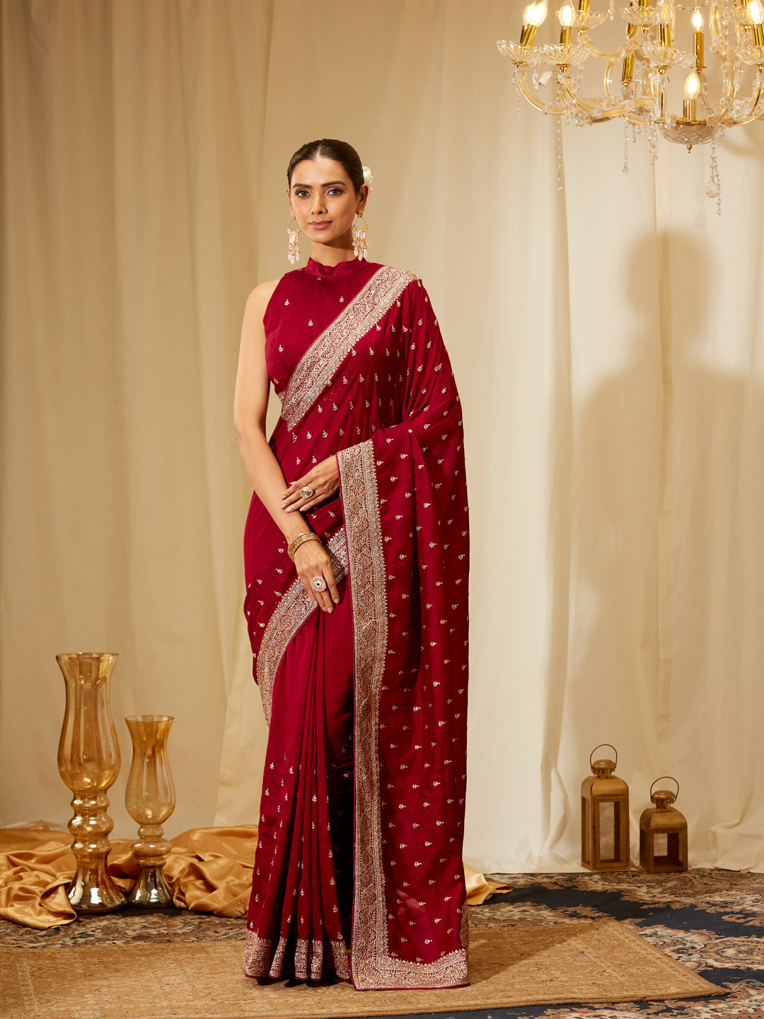 Kasee Women's Classic Maroon Silk Blend Saree with Golden Embroidery
