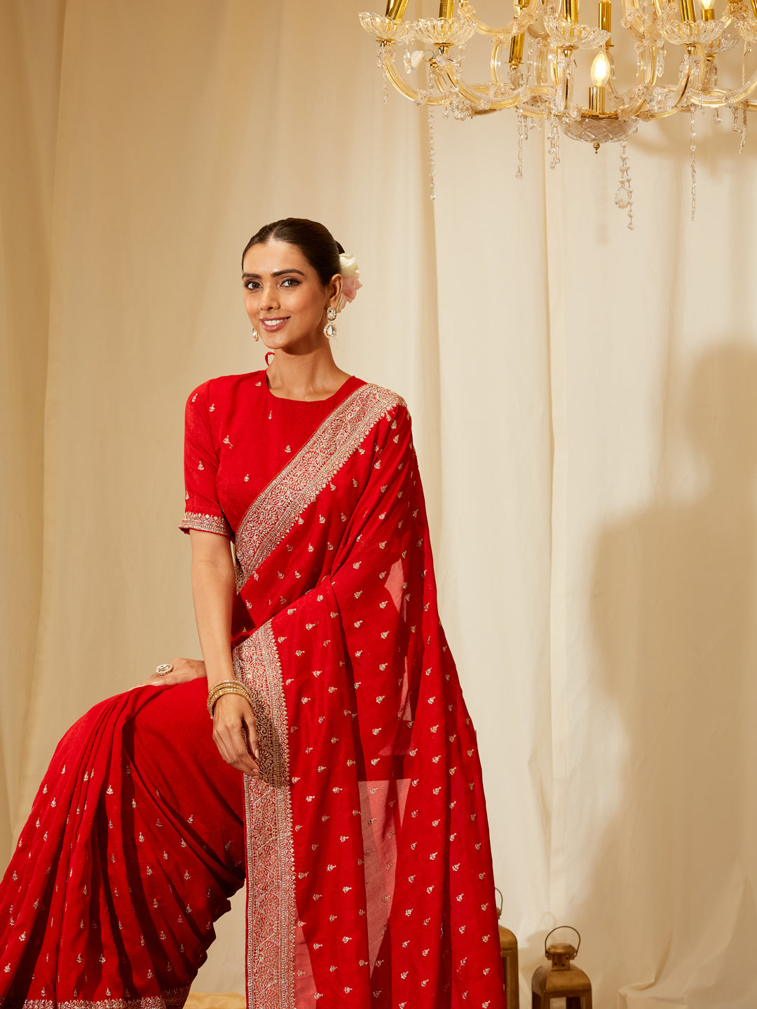 Kasee Women's Classic Red Silk Blend Saree with Golden Embroidery
