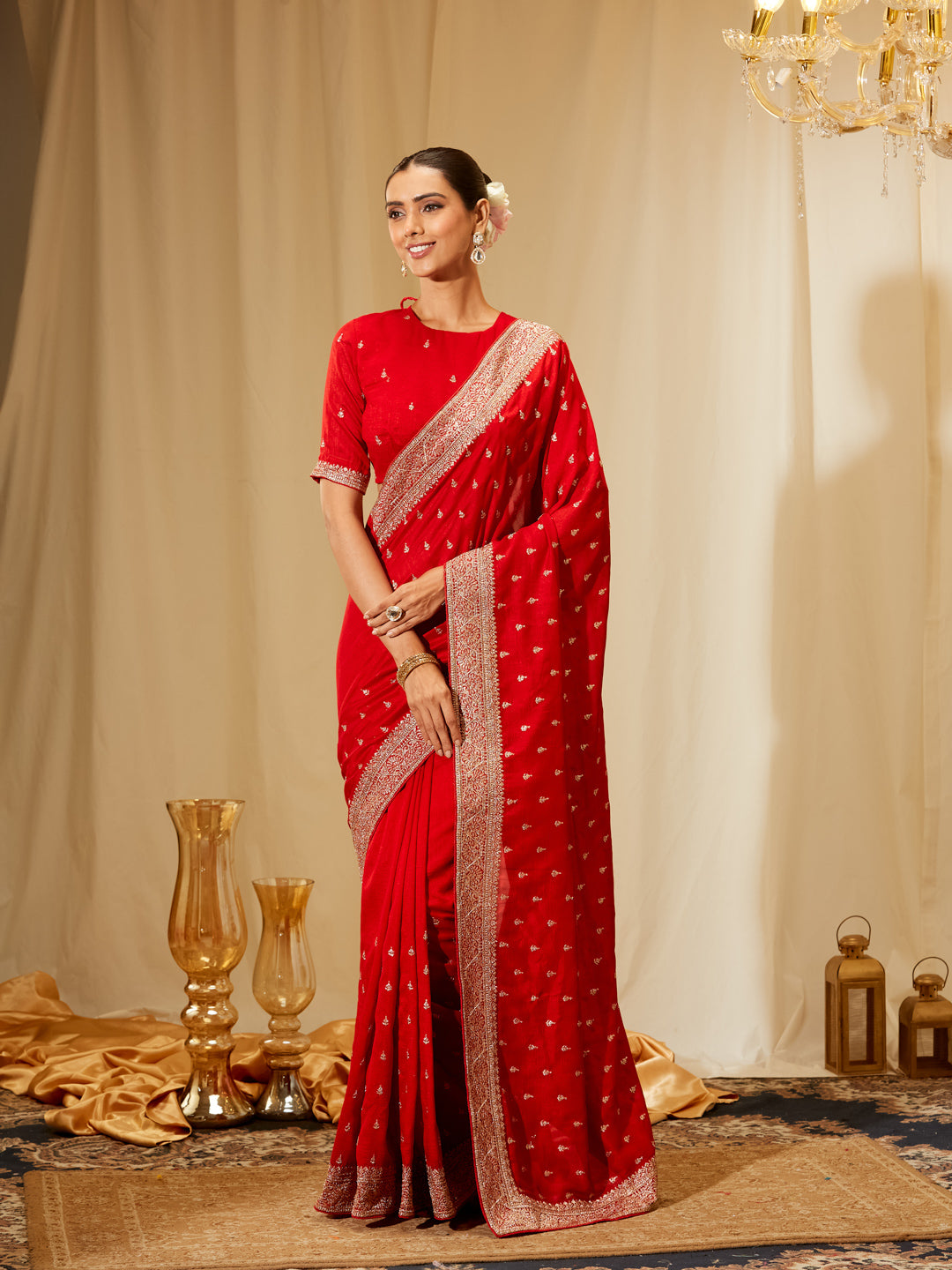 Kasee Women's Classic Red Silk Blend Saree with Golden Embroidery