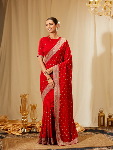 Kasee Women's Classic Red Silk Blend Saree with Golden Embroidery