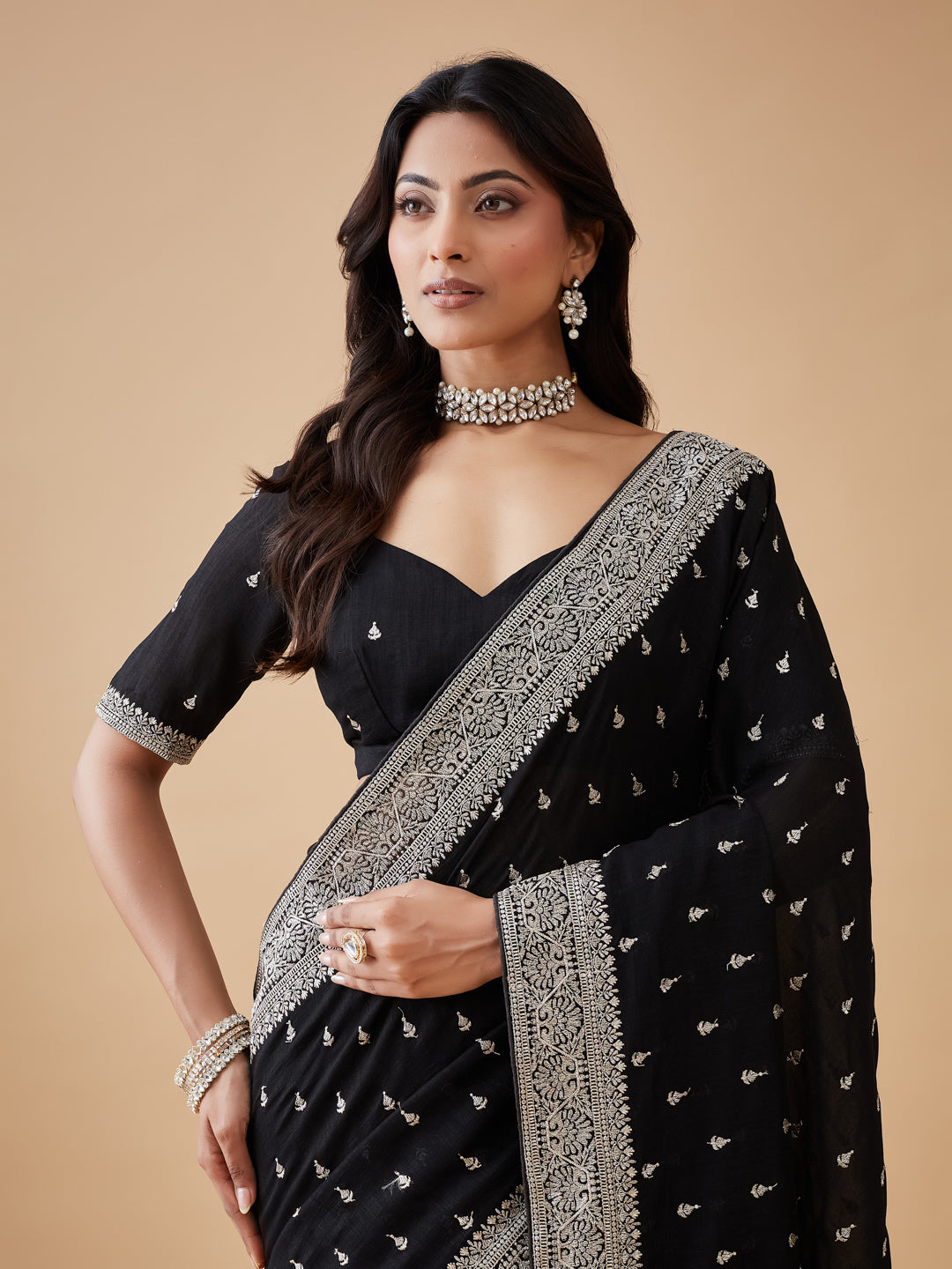 KASEE Women's Black Cotton Blend Saree with Silver Zari Buti and Embroidered Border