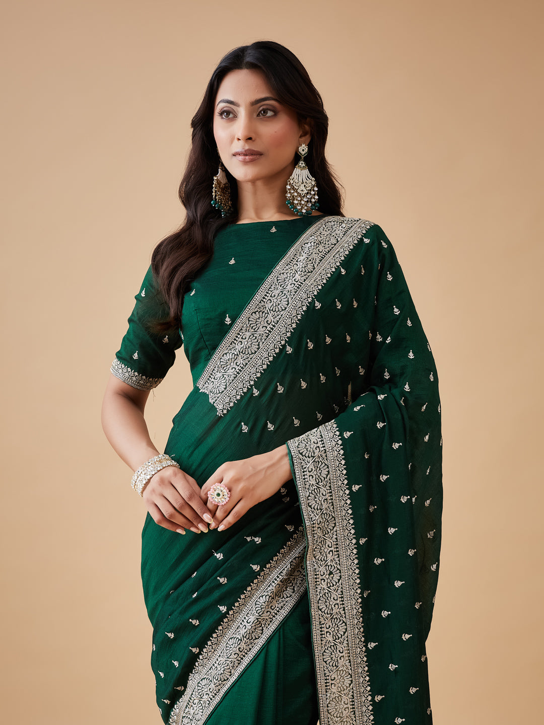 KASEE Women's Emerald Green Cotton Blend Saree with Silver Zari Buti and Embroidered Border