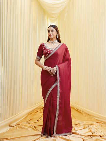 KASEE Women's Red Silk Blend Embroidered Saree with Blouse Piece