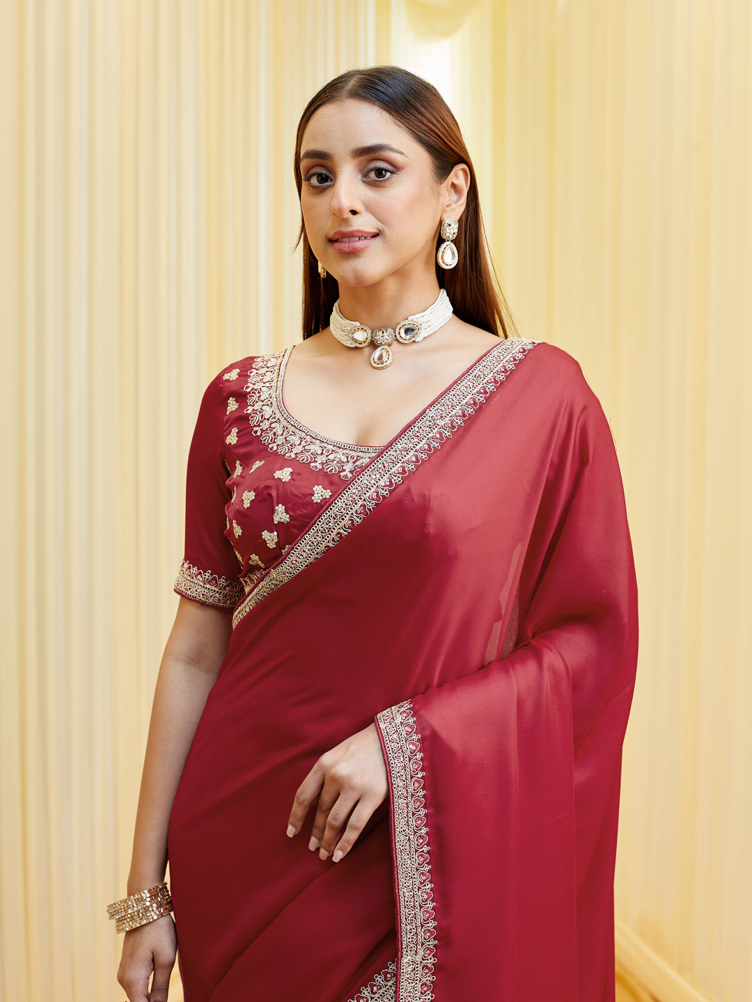 KASEE Women's Red Silk Blend Embroidered Saree with Blouse Piece