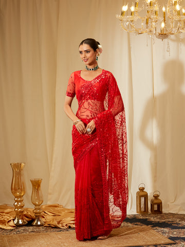 Kasee Women's Red Net Saree with Sequin Embroidery