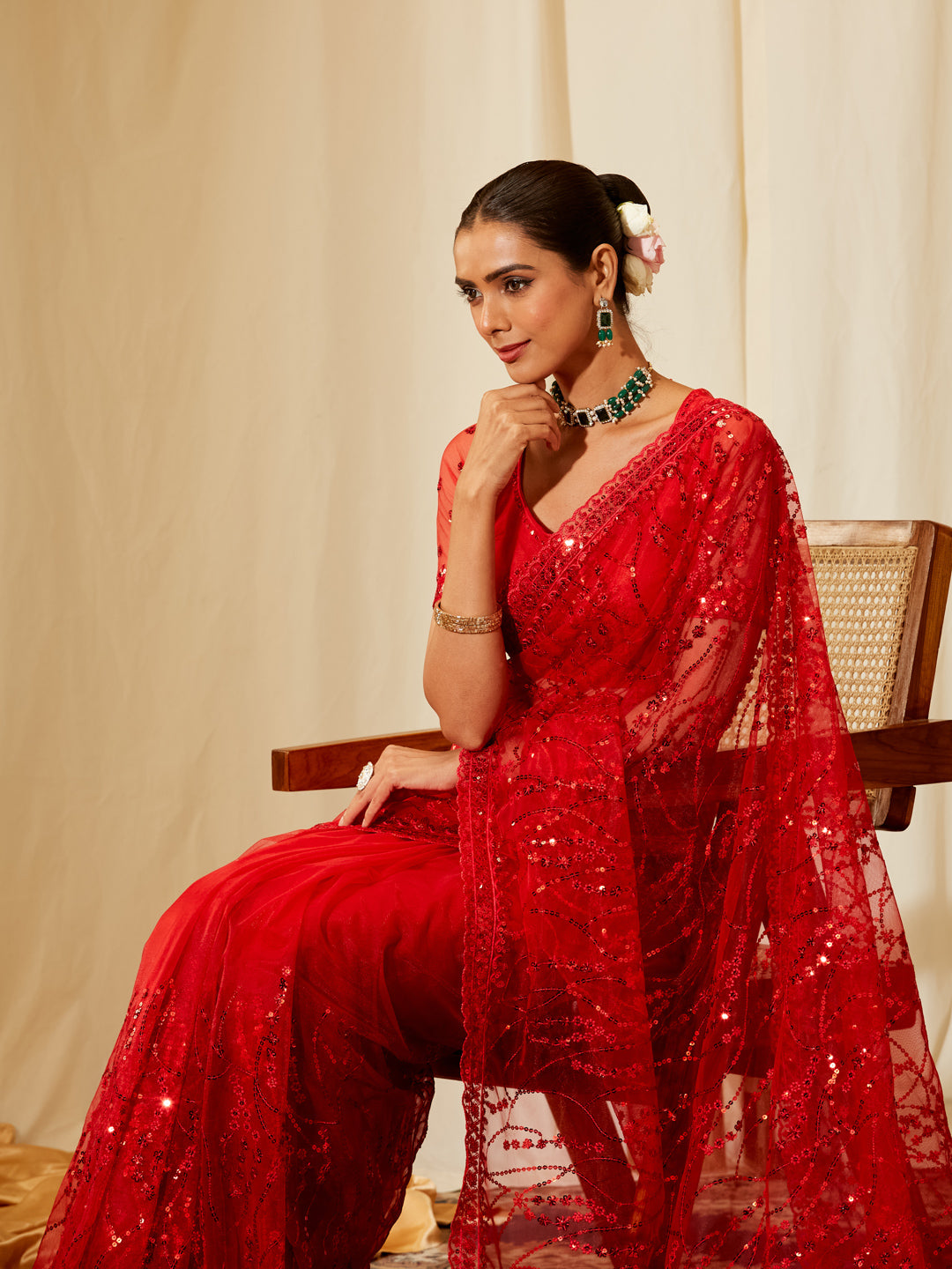 Kasee Women's Red Net Saree with Sequin Embroidery