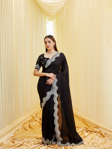 KASEE Women's Black Silk Blend Embroidered Solid Saree