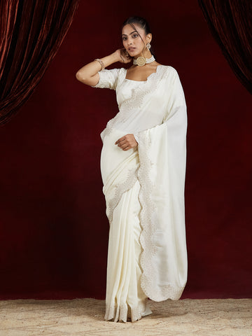 KASEE Women Cream Saree in Silk Cotton Blend with Embroidered Border