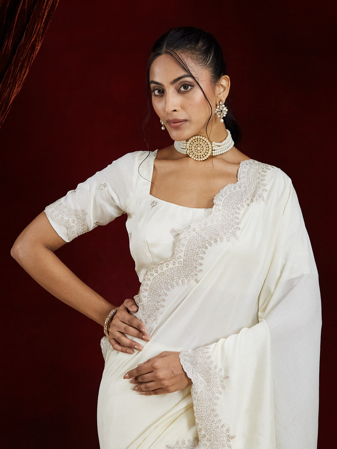 KASEE Women Cream Saree in Silk Cotton Blend with Embroidered Border