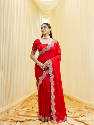 KASEE Women's Red Silk Blend Embroidered Solid Saree