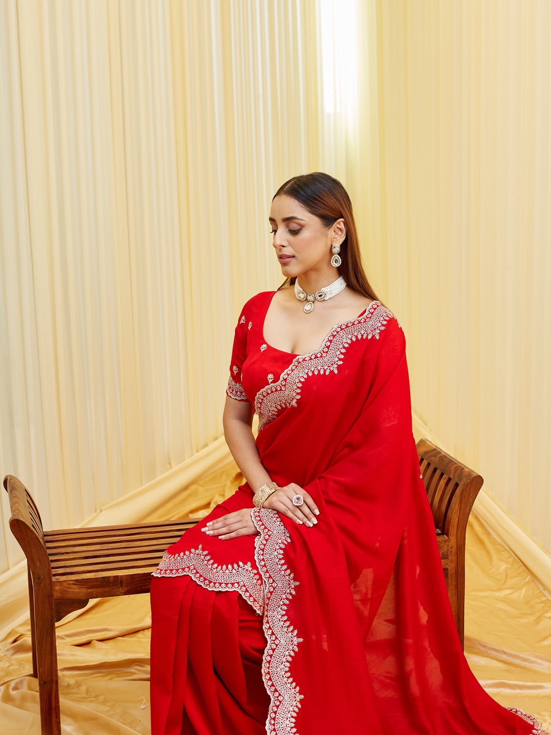 KASEE Women's Red Silk Blend Embroidered Solid Saree