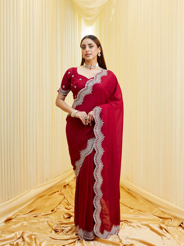 KASEE Women's Wine Silk Blend Embroidered Solid Saree