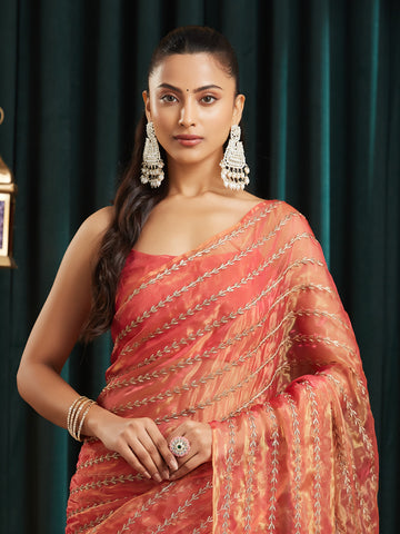 KASEE Women's Rust Silk Blend Saree with Metallic Leaf-Thread Embroidery