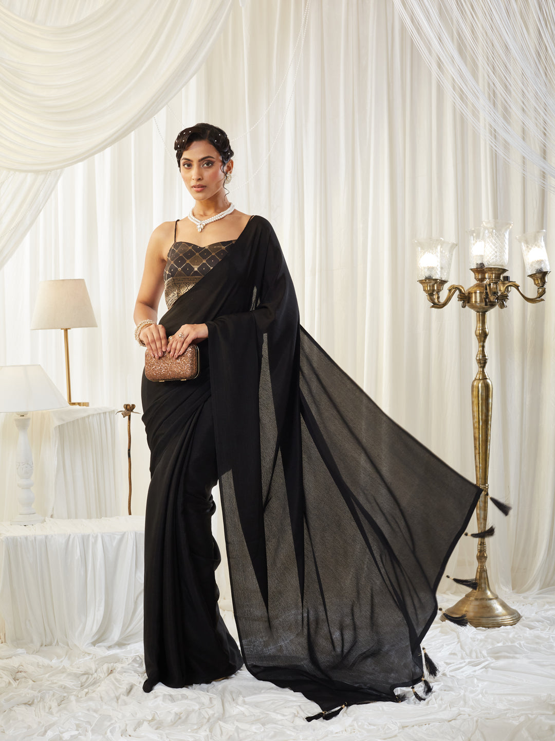 KASEE Women's Black Silk Saree with Tasselled Pallu