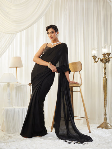 KASEE Women's Black Silk Saree with Tasselled Pallu