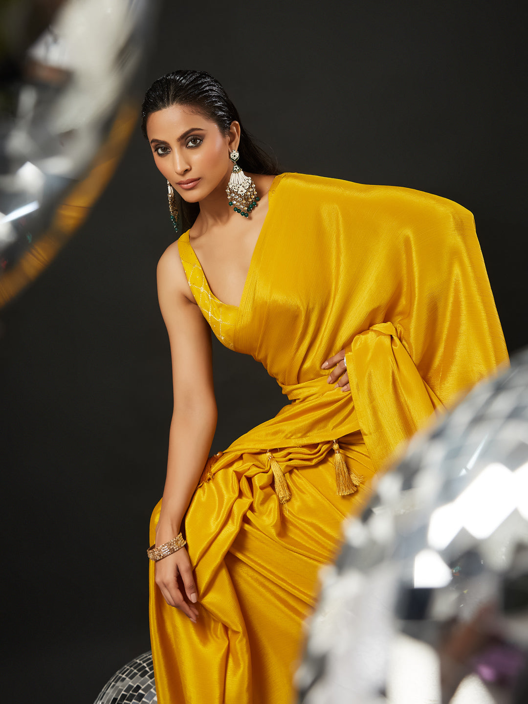 KASEE Women's Mustard Silk Saree with Tasselled Pallu