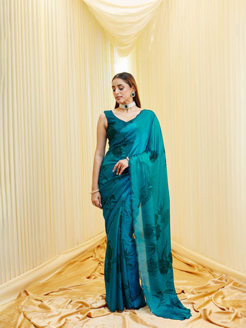 KASEE Women'S Blue Silk Blend Floral Printed Saree