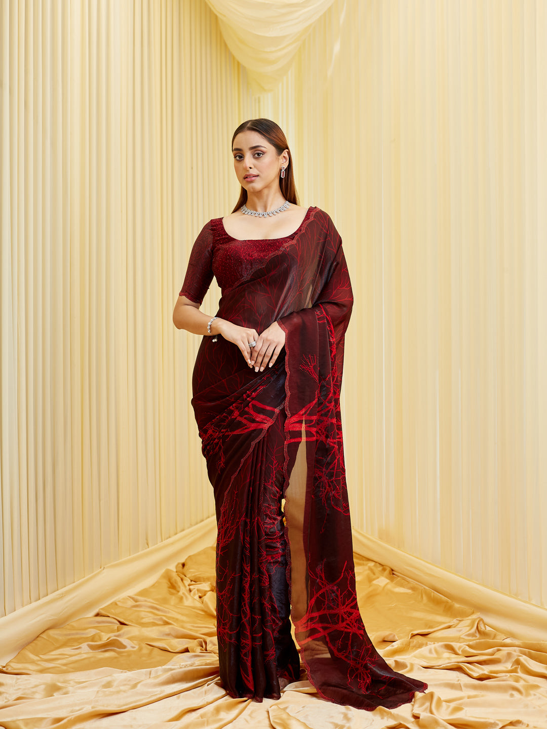 KASEE Women's Maroon Silk Blend Emblished Solid Saree