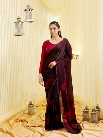 KASEE Women's Rani Floral Printed Beads And Stones Saree With Scallop Border