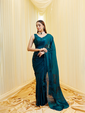 KASEE Women's Teal Green Silk Blend Prited Emblished Bordered Saree