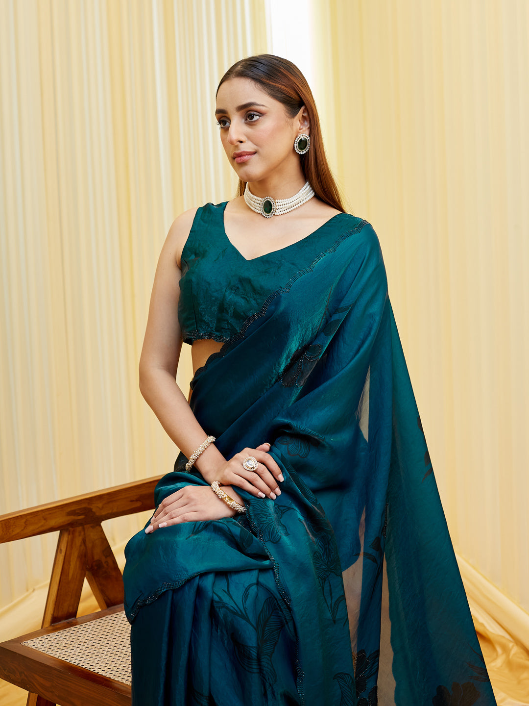 KASEE Women's Teal Green Silk Blend Prited Emblished Bordered Saree