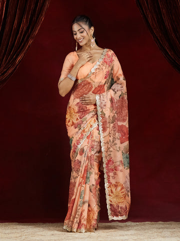 KASEE Women Peach Organza Saree with Floral Print & Embroidered Border
