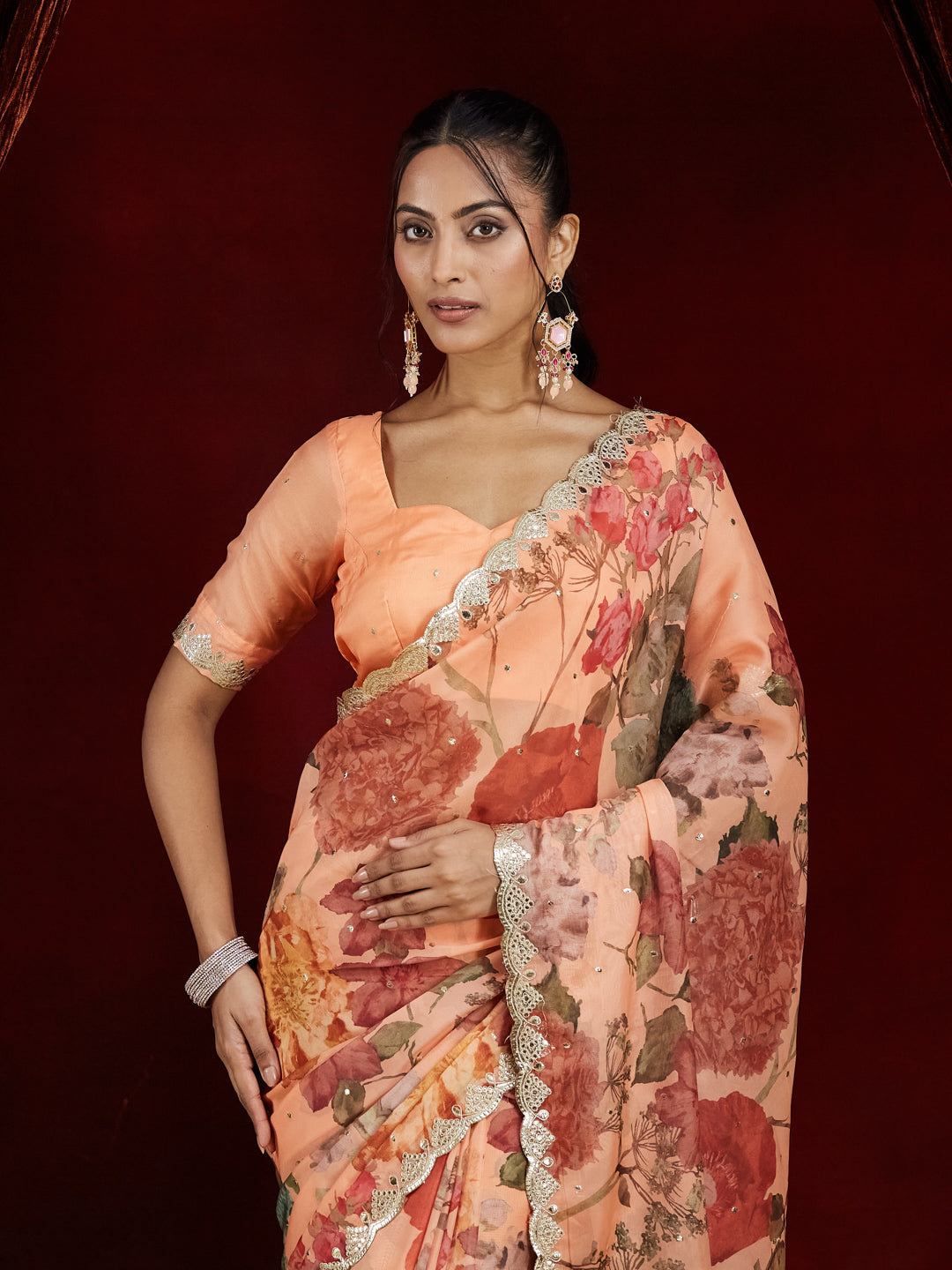 KASEE Women Peach Organza Saree with Floral Print & Embroidered Border
